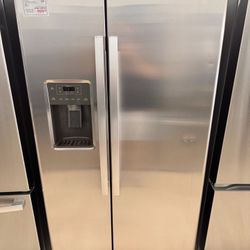 New GE 21.9 Cu. Ft. Counter-Depth Side-By-Side Refrigerator  Model #:GZS22DSJSS