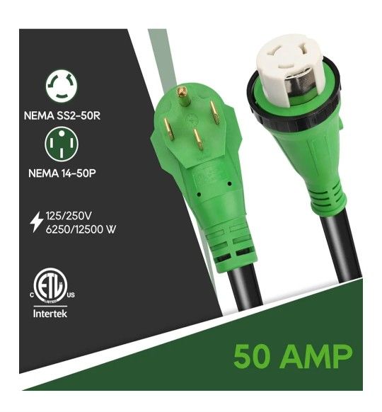 RVGUARD 50 Amp 15 Foot RV Power Cord, 14-50P to SS2-50R Generator Extension Cord, Heavy Duty STW Cord with LED Power Indicator and Cord Organizer, Gre
