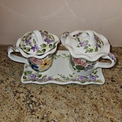 Floral Sugar Bowl And Tray Set