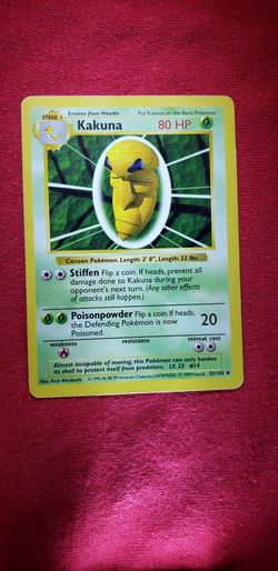 🔥VINTAGE-1999 WOTC KAKUNA 33/102 POKÉMON CARD. BASE UNLIMITED SET. SHADOWLESS. ERROR CARD. UNCOMMON. NON HOLO. MP/HP🔥
