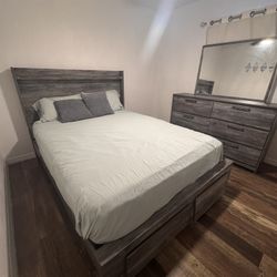 queen bed with mattress, mirror and gray cabinet in good condition