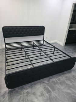 King Black Metal Platform Bed Frame with Tufted Headboard