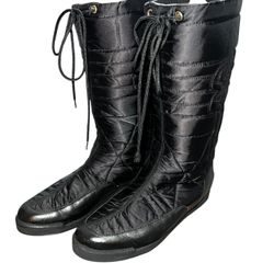 Gucci Women Black Knee High Shelly Boots Leather Quilted Lace Up Flat Booties Sz EUR 35 US 4.5 Or 5