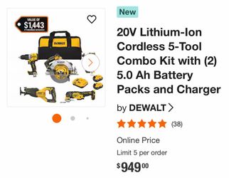 NEW DeWALT 20V MAX XR Cordless 5-Tool Combo Kit – (2) 5.0 Ah Batteries & Charger
