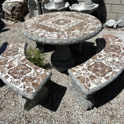 New Table With 3 Benches Made Out Of Cement And Tile 