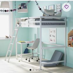 Riley Traditional Wood Slat Loft Bed with Integrated Desk & Ladder