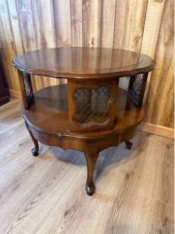 Mid Century Hardwood French Provincial Round Accent Table With Brass Mesh