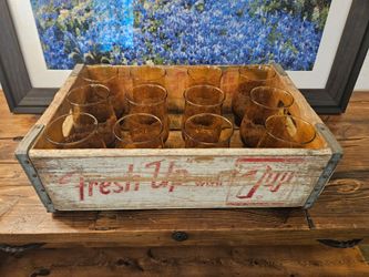 Wood Crate and Set of 12 Amber Embossed Glasses