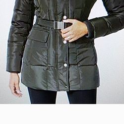 MICHAEL KORS NEW HOODED DOWN PUFFER COAT, 6 FRONT POCKETS, Faux Fur Trim HOOD, Large 10 12 14- 16 Green, 🧡RETL $305 Was $159
