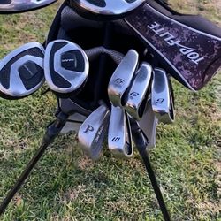 TOPFLITE GOLF IRONS/CLUBS, 9 PCS (Driver, #3, 4HY, 5HY, 6,8,9, P,W) + GOLF BAG