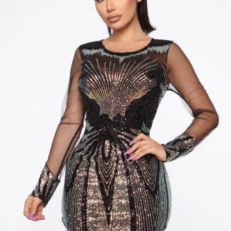 Sequins Black Bodycon Dress with Mesh Sleeves