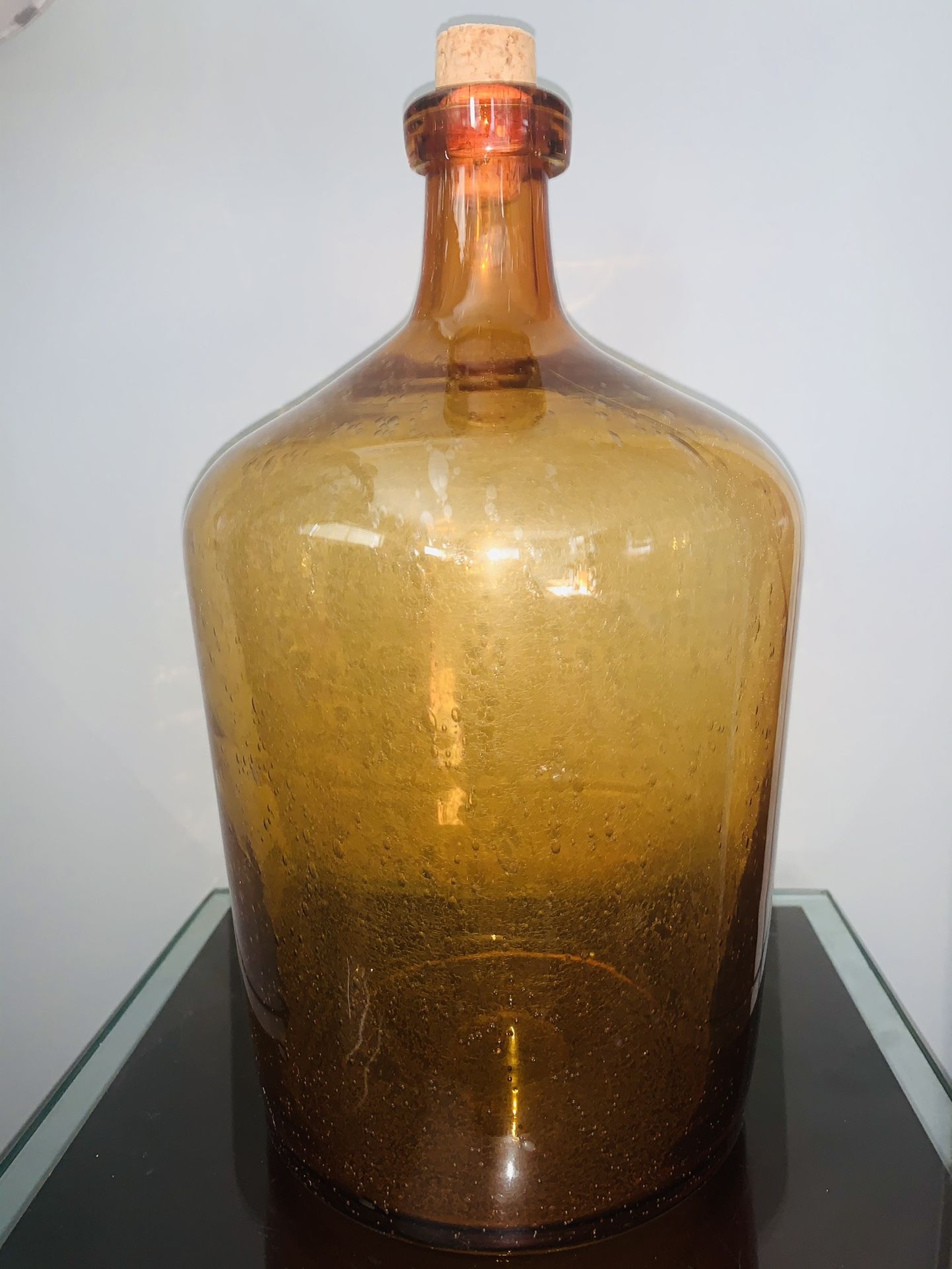 ANTIQUE 1800 BOTTLE NECK HAND BLOWN AMBER CORK TOP JUG - With Air Bubbles - No Chips GREAT AMBER COLOR