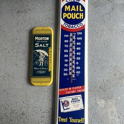 Vintage Mail Pouch metal Thermometer Chewing Tobacco Advertising Old Sign 39"