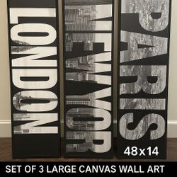 Set of 3 Large Canvas Wall Art – London, New York, Paris (48”x14”) – Modern Black & White