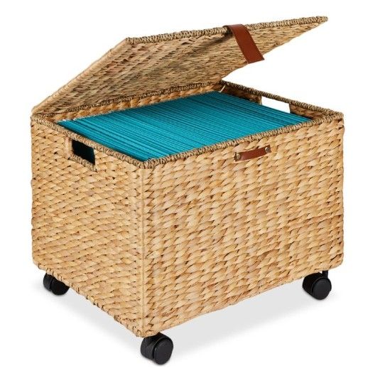 Â Hyacinth Rolling Filing Cabinet Mobile Organizer Storage Basket with Lid, Locking Wheels - Natural