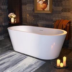 Aries 61-Inch Freestanding Bathtub – White Acrylic with Pop-Up Drain & Overflow
