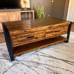 Wood Coffee Table with Wheels + Dual Storage Shelves – 50”