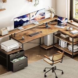 ODK 75" L Shaped Desk with File Drawers, Work from Home Office Desk with Power Outlet