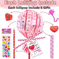 Brand New In Box 24 Sets Giant Lollipop Valentines Multi-Item Party Favor Packs | Shaped Set with Valentines Cards