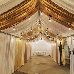 Draping——-tent——-tablecloth——chairs——backdrop——-balloongarland——-