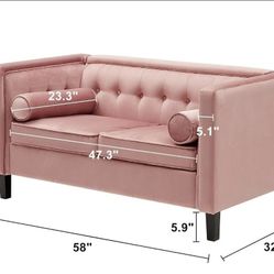 58'' W Velvet Sofa, Mid-Century Love Seats Sofa Furniture with Bolster Pillows, Button Tufted Couch for Living Room, Tool-Free Assembly (Loveseat, Pin