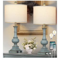 Farmhouse Table Lamps Set of 2, 26" Vintage Rustic Touch Control 3-Way Dimmable Bedside Lamp with USB A+C Ports & AC Outlet, Blue Nightstand Lamp for 