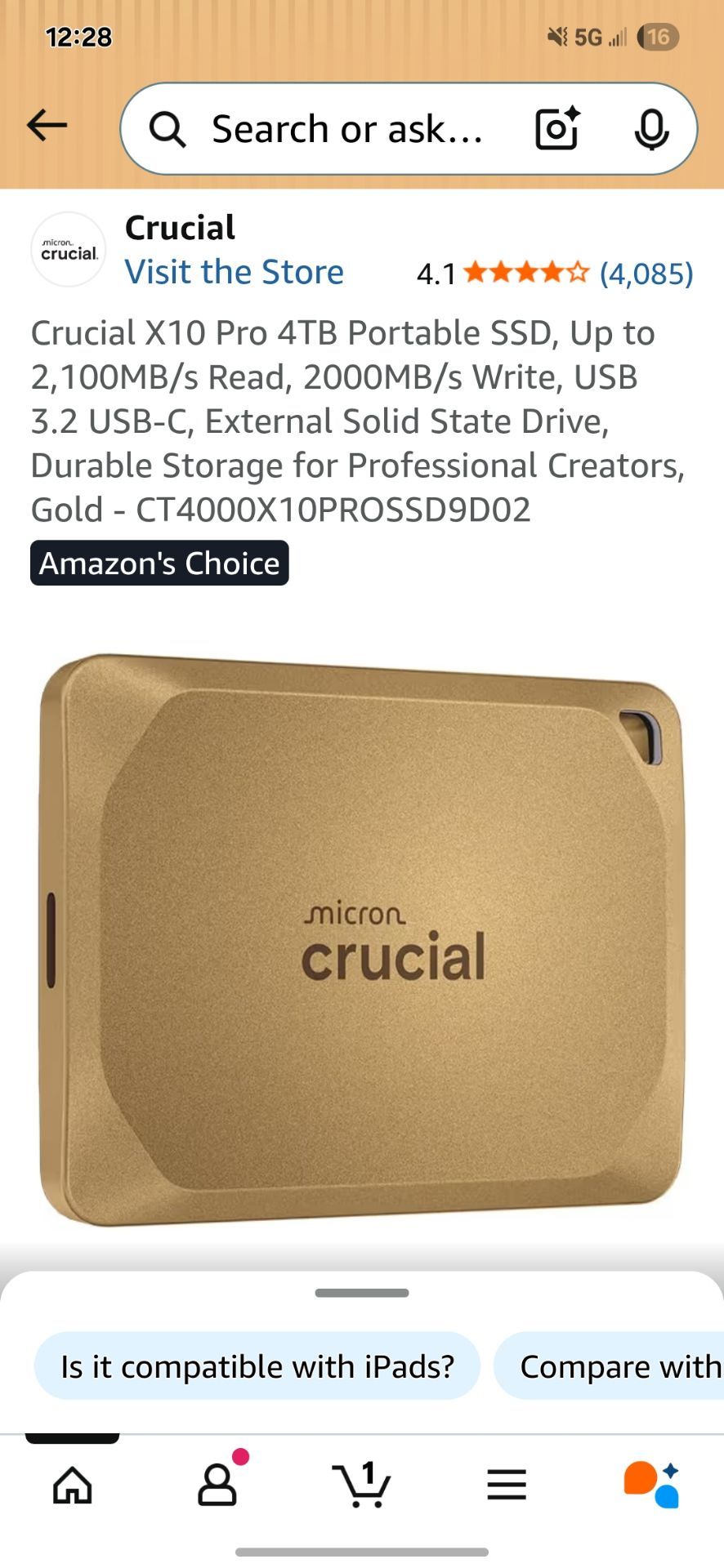 Crucial X10 Pro 4TB Portable SSD, Up to 2,100MB/s Read, 2000MB
