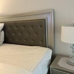 Headboard and footboard two nightstands, one Poboy, one dresser with mirror