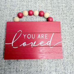 Red Wooden You Are Loved Sign Farmhouse Rustic Wall Decor Beaded Hanger