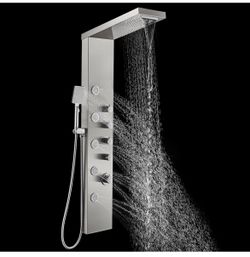 ROVOGO Shower Panel Tower with Rainfall Waterfall Shower Head, 5 Body Jets and 3-Function Handheld, High Pressure Rain Massage System, Wall-Mount Show