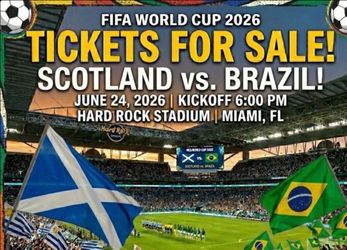 FIFA 2026 Miami Brasil vs Escocia, 2 tickets for sale.  GATE SW SECTION: 302 ROW: 12 SEAT: 9 AND 10
