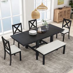 6-Pc -81”Extendable Rectangular Dining Table with Footrest, 4 Linen Upholstered Dining Chairs and Bench, Two 11"Removable Leaf [NEW] Retails For $1100