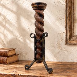 Vintage 22” Barley Twist Wood Iron Candle Holder Rustic European Decor