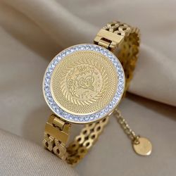 1pc Stainless Steel Bracelet With Flower And Bird Round Embossed Rhinestones, Flower Of Life Bracelet Bangle