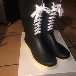 Rain Boots (WEST BLVD) Tall Black And Cream Lace Up Pull On Rain Boots 