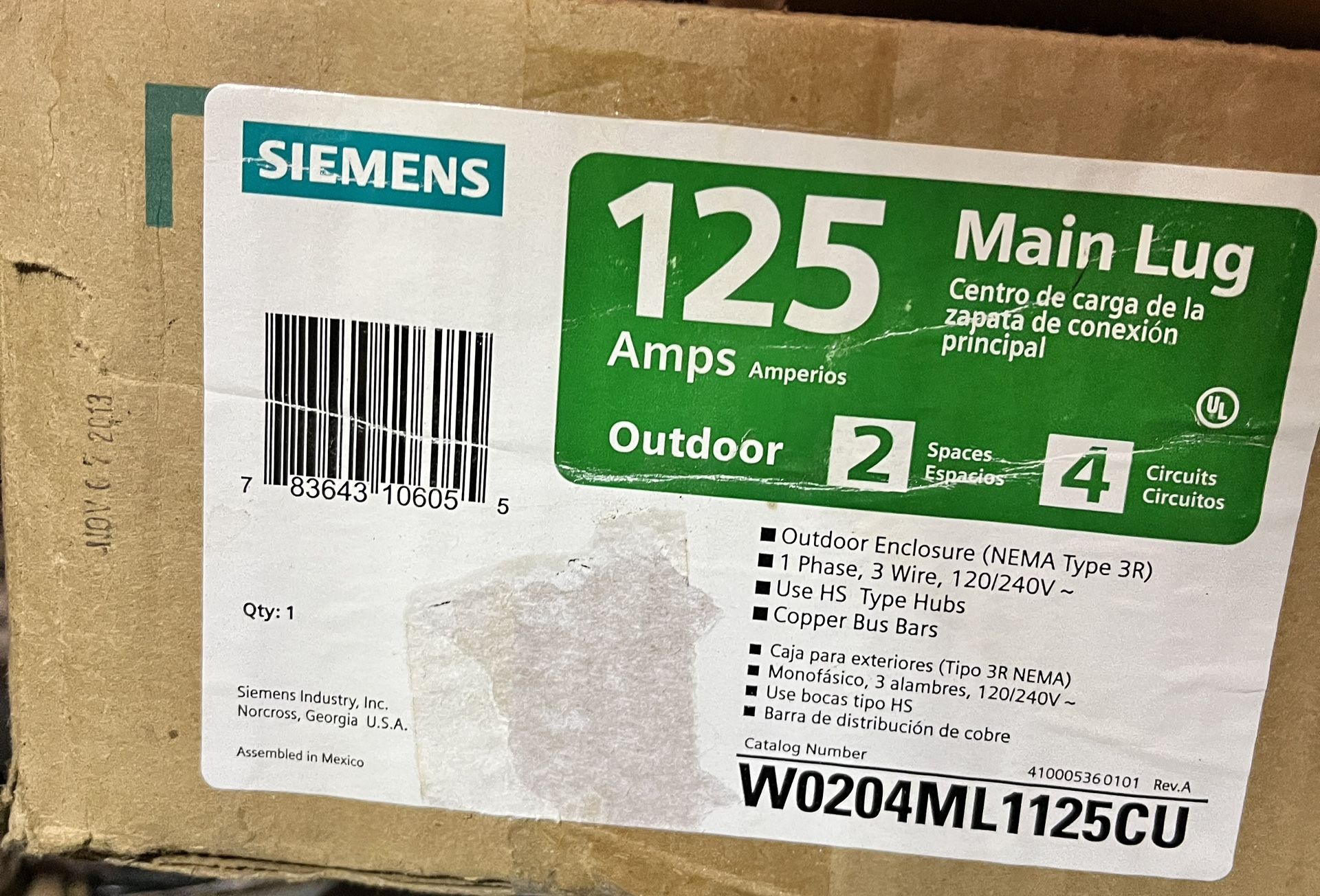 125 Amp Siemens Main lug Outdoor Service Box (NIB)