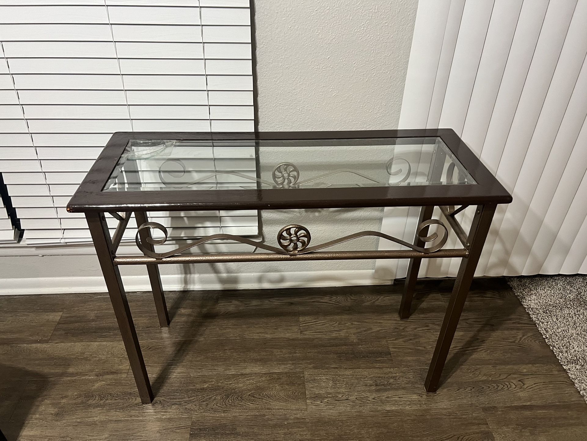 Rustic Metal & Glass Console Table – Heart Scroll Design – Entryway or Hall Table