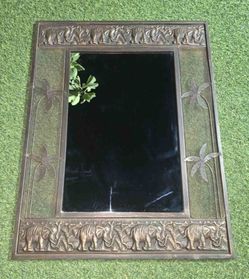 Product Title: Decorative Metal Wall Mirror with Elephant & Palm Tree Safari Design