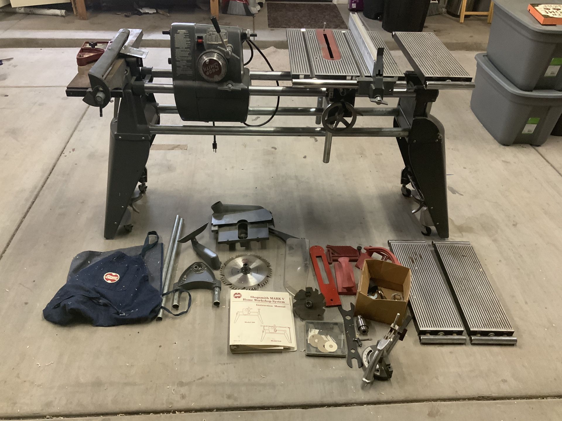 Shopsmith Mark V model 510, includes jointer, DADO blade, 5-1 tool. Drill press, Table saw, horizontal boring machine, Lathe.