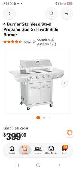 4 Burner Stainless Steel Propane Gas Grill with Side Burner