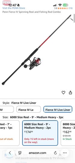 PENN Fierce IV 6000 liveliner size reel and 9 ft 2 pc (medium heavy) surf rod combo
