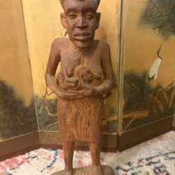 Hand Carved Wood Mother Figure Holding Baby