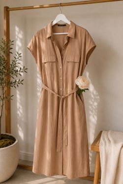 Beige Safari Shirt Dress with Belt & Pockets – Size 2XL, Fits L–2XL