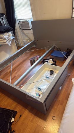 Ikea Gray Platform Bed Frame with Storage Drawer