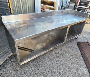 8ft Stainless Steel Enclosed Base Open Front Restaurant Work Table with 6" Backsplash and Casters