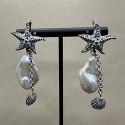 NEW Nautical real white baroque pearl earrings. Huge flameball AAA pearl 