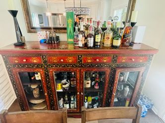 Hand-Painted Floral Sideboard Cabinet with Glass Doors