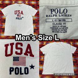 Polo Ralph Lauren T-Shirt Men's Large USA Flag Classic Fit White Cotton Tee