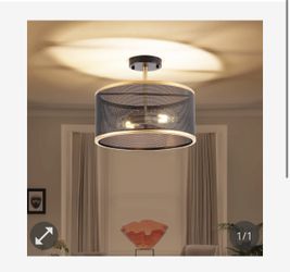 Brfaixla 13.8" Modern Semi Flush Mount Chandelier Ceiling Light Fixtures, 2-Light Black Gold Industrial Vintage Metal Mesh Drum Chandelier For Kitchen