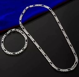 New Sterling Silver 22 Inch Unisex Figaro Necklace And Bracelet Set $35